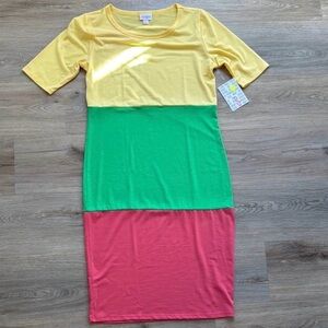 LuLaRoe Colorblock Dress Yellow Green Pink Midi Stretch Small NWT